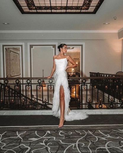Satin Strapless Ruched Feather-Trim High-Slit Prom Dress
