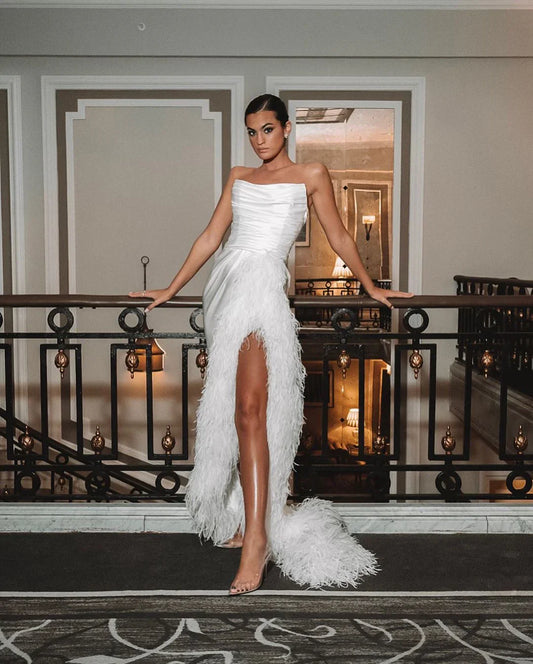 Satin Strapless Ruched Feather-Trim High-Slit Prom Dress
