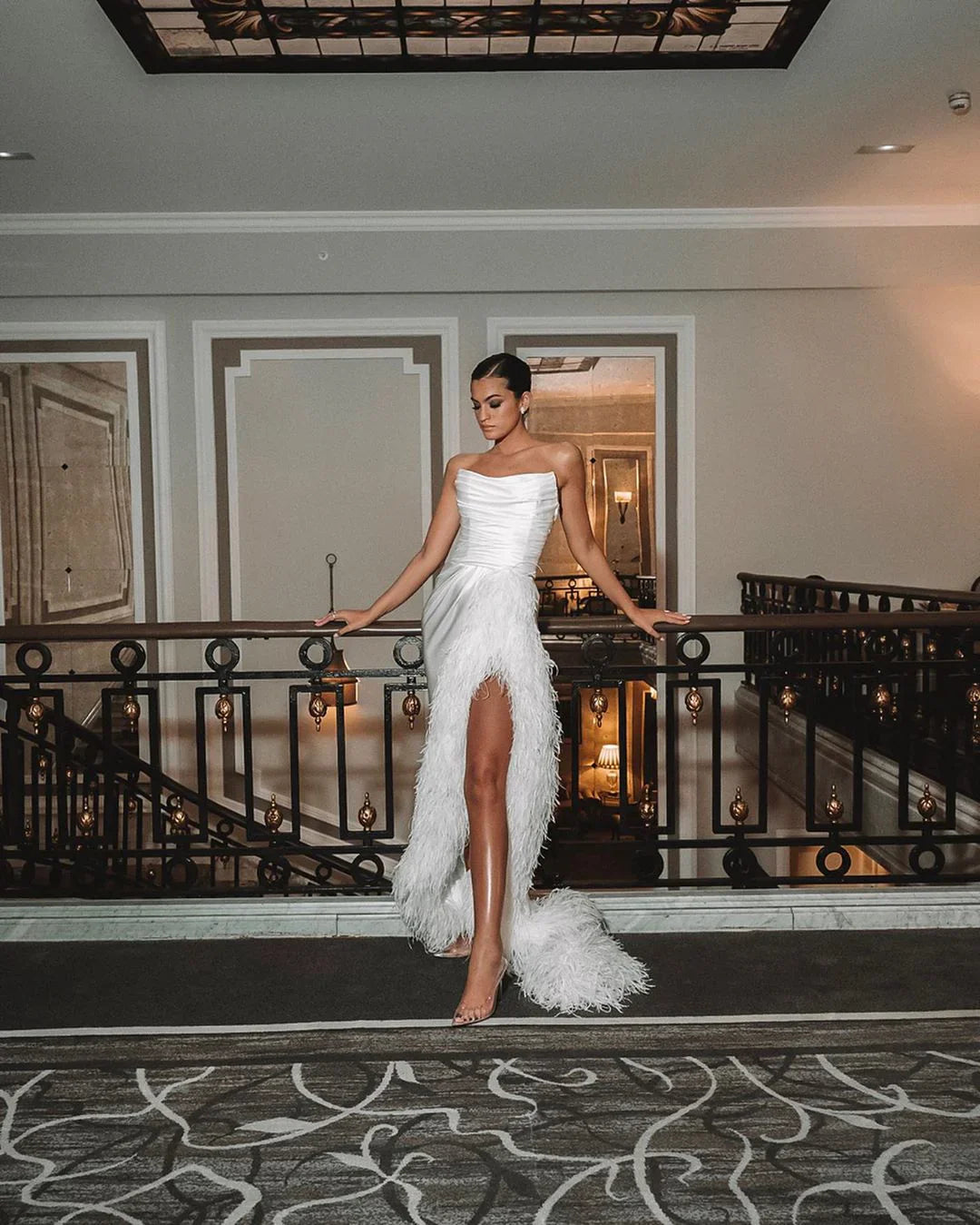 Satin Strapless Ruched Feather-Trim High-Slit Prom Dress