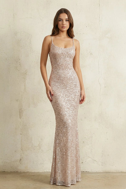 Scoop Neck Sequin Embellished Mermaid Floor Length Formal Evening Gown With Back Slit For Wedding Guest Homecoming Prom Dress