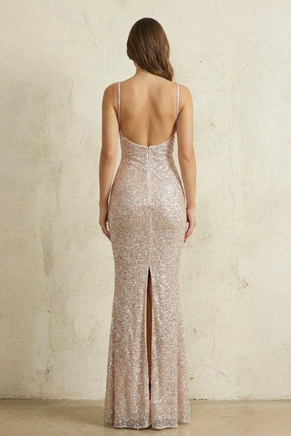 Scoop Neck Sequin Embellished Mermaid Floor Length Formal Evening Gown With Back Slit For Wedding Guest Homecoming Prom Dress