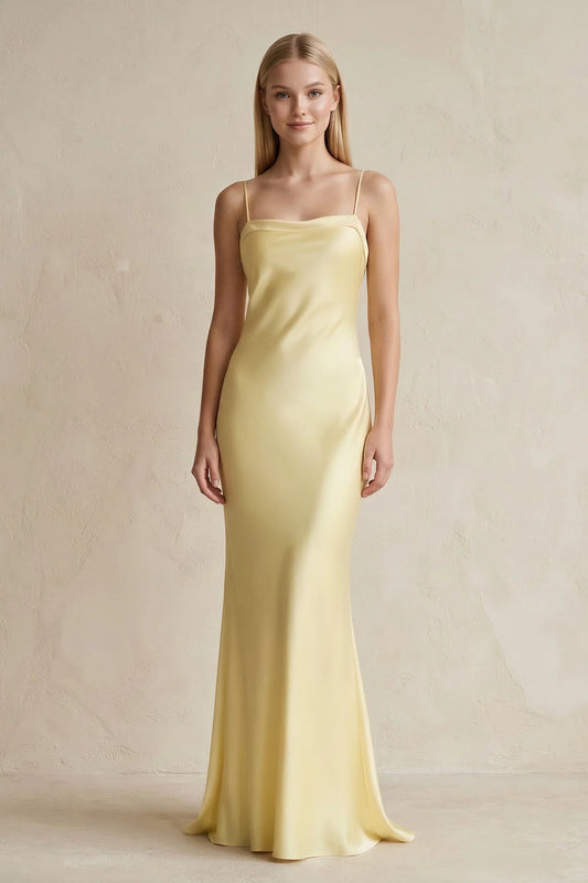 Scoop Neck Spaghetti Strap Satin Mermaid Floor Length Formal Evening Gown With Back Bow Cutout For Wedding Guest Homecoming Prom Dress