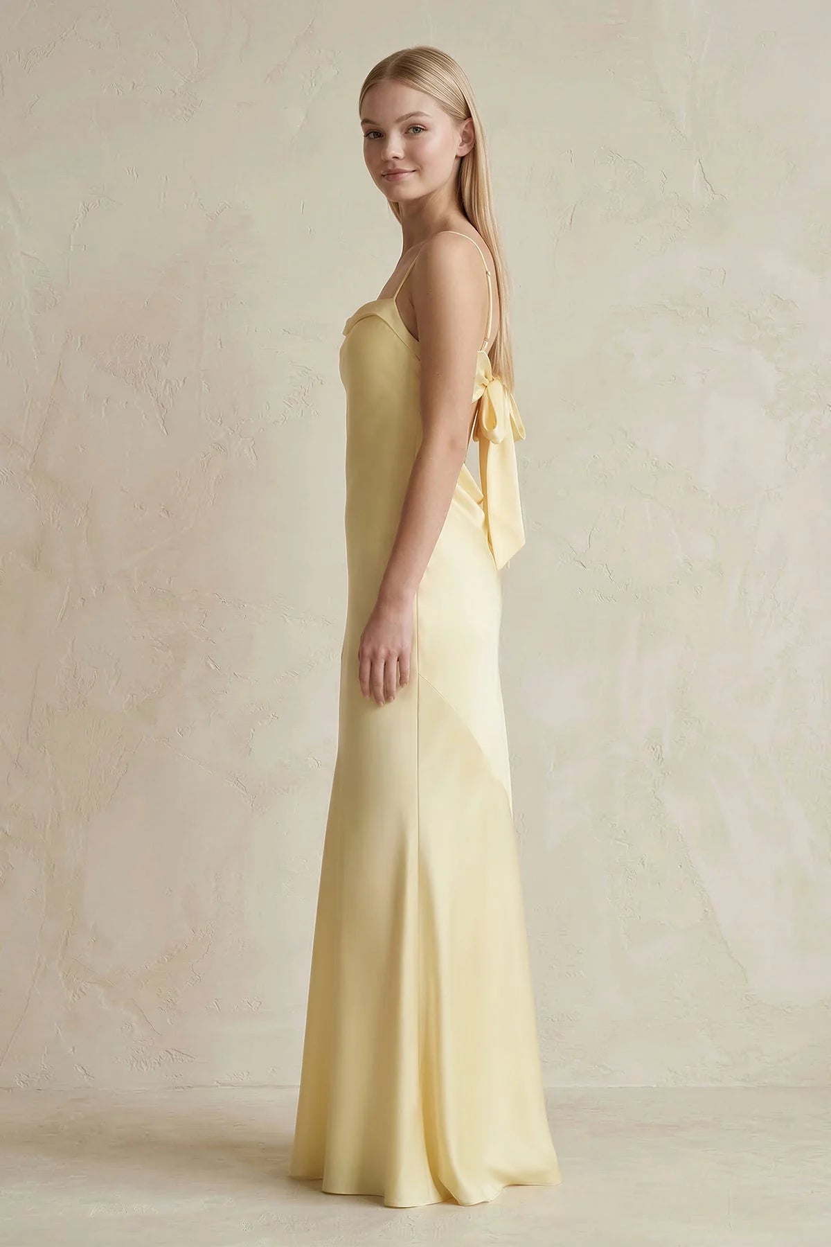 Scoop Neck Spaghetti Strap Satin Mermaid Floor Length Formal Evening Gown With Back Bow Cutout For Wedding Guest Homecoming Prom Dress