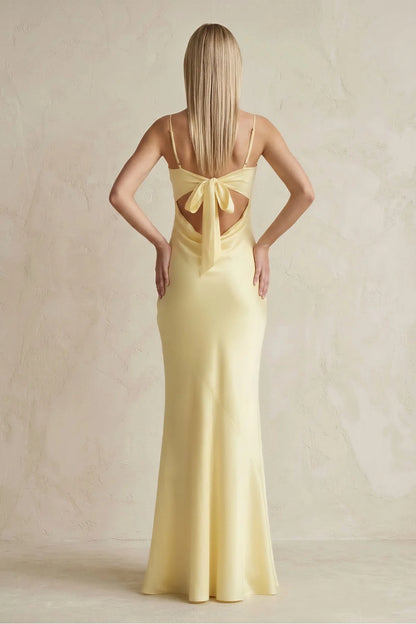 Scoop Neck Spaghetti Strap Satin Mermaid Floor Length Formal Evening Gown With Back Bow Cutout For Wedding Guest Homecoming Prom Dress