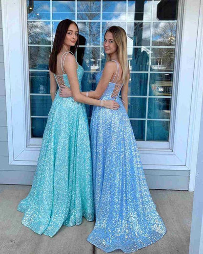 Vestidos de fiesta sin mangas con tirantes finos, corte A y lentejuelas 