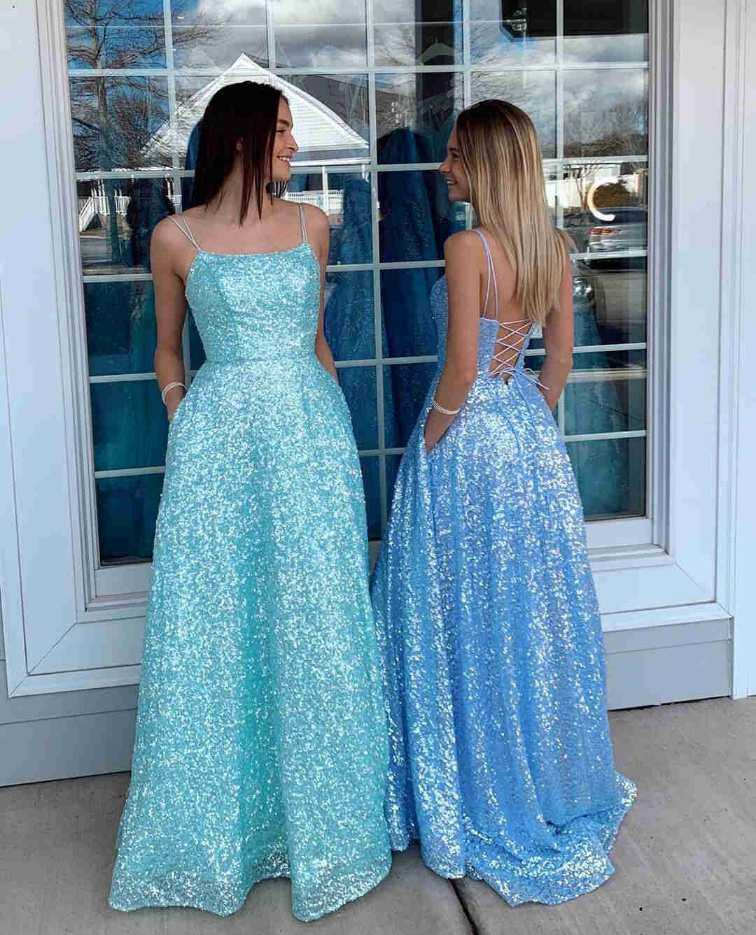 Vestidos de fiesta sin mangas con tirantes finos, corte A y lentejuelas 