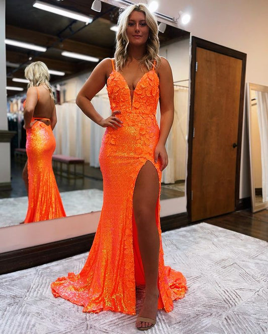 Sequin-Embroidered Deep-V Spaghetti-Strap Open-Back High-Slit Prom Dress