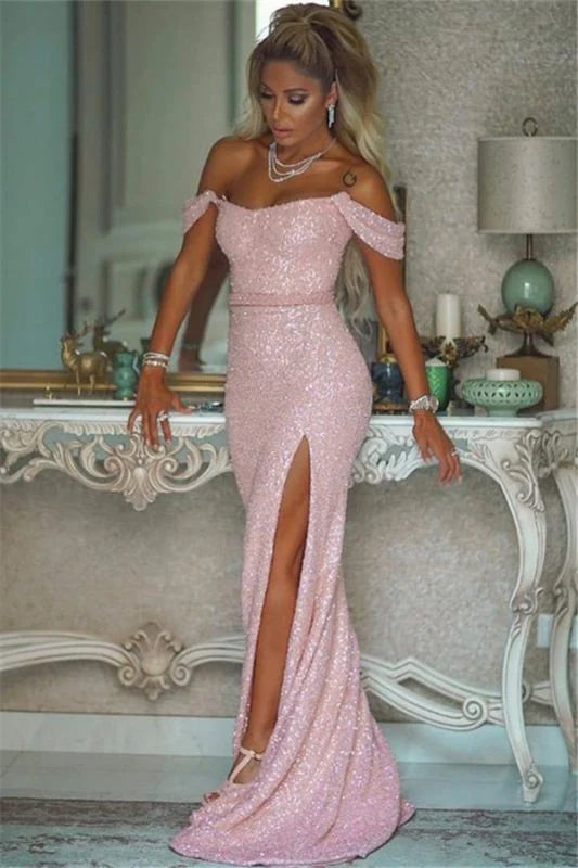 Vestidos de noche de fiesta con lentejuelas y hombros descubiertos, corte sirena, cola larga y abertura 