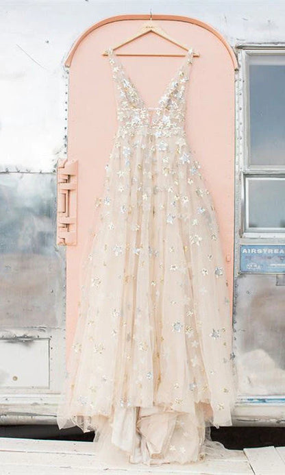 Sequin Star Tulle Prom Dresses V Neck Long Princess Ball Gown Evening Dress