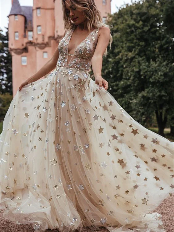 Sequin Star Tulle Prom Dresses V Neck Long Princess Ball Gown Evening Dress