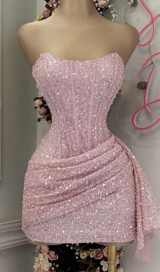 Sequin Strapless Sweetheart Neck Ruched Ruffled Mini Prom Dress