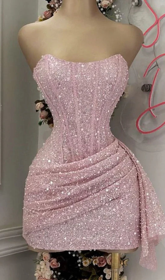 Sequin Strapless Sweetheart Neck Ruched Ruffled Mini Prom Dress