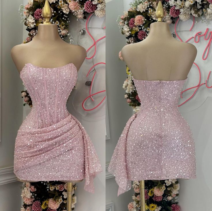 Sequin Strapless Sweetheart Neck Ruched Ruffled Mini Prom Dress