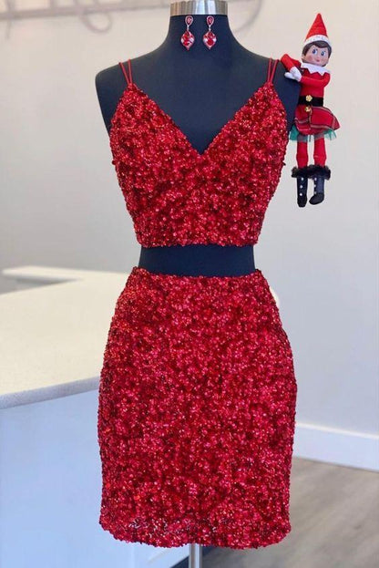 Vestidos de cóctel de dos piezas con lentejuelas y escote en V hasta la rodilla