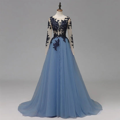 Vestidos de fiesta largos con corte A, encaje azul transparente, manga larga, espalda abierta y apliques