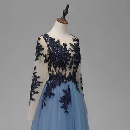 Vestidos de fiesta largos con corte A, encaje azul transparente, manga larga, espalda abierta y apliques