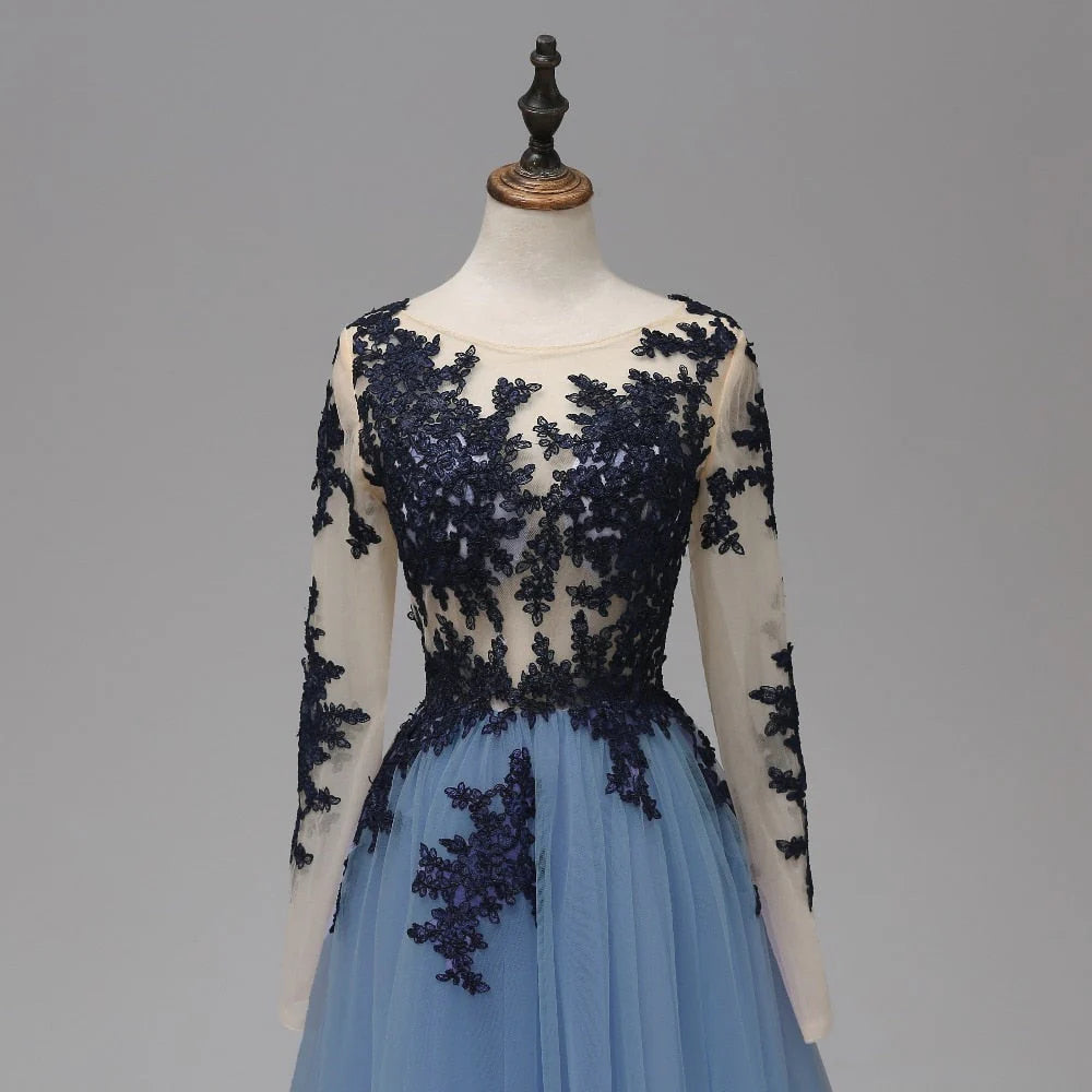 Vestidos de fiesta largos con corte A, encaje azul transparente, manga larga, espalda abierta y apliques