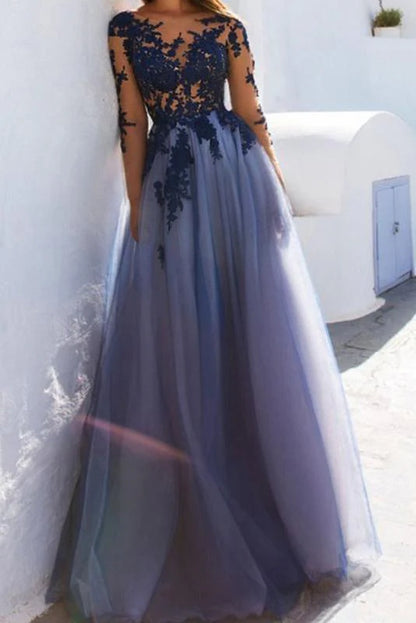 Vestidos de fiesta largos con corte A, encaje azul transparente, manga larga, espalda abierta y apliques