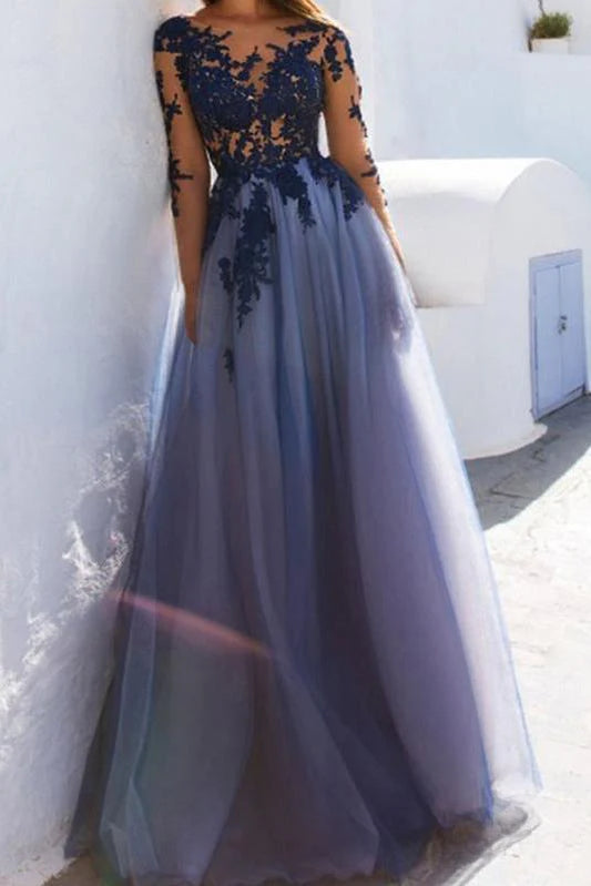 Vestidos de fiesta largos con corte A, encaje azul transparente, manga larga, espalda abierta y apliques