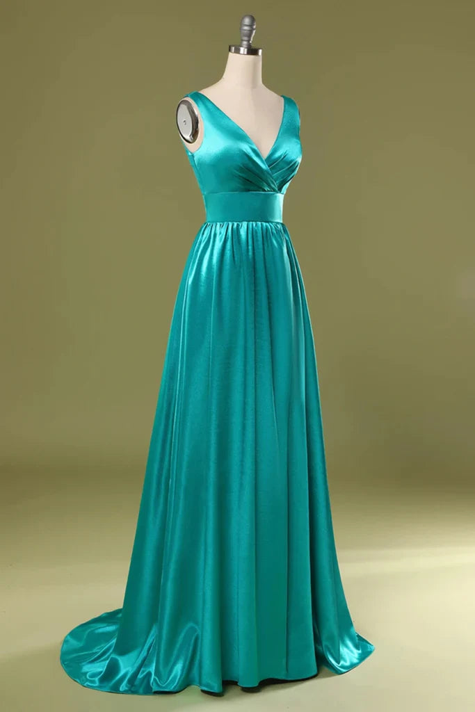 Vestido de fiesta de satén verde turquesa con escote en V y abertura alta en línea A 