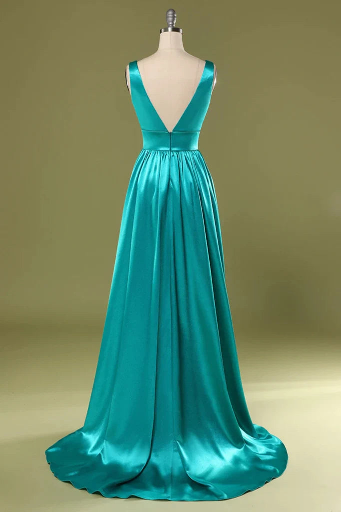 Vestido de fiesta de satén verde turquesa con escote en V y abertura alta en línea A 