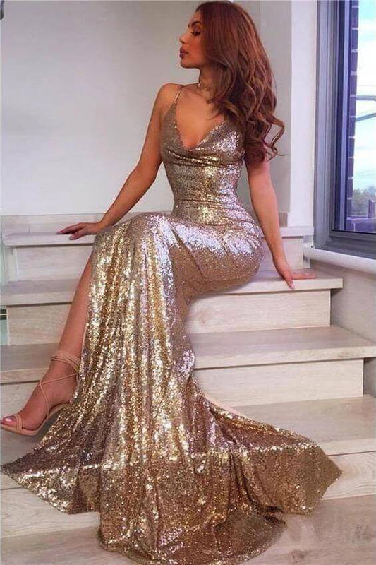 Vestidos de fiesta de sirena con tirantes finos, abertura lateral y espalda descubierta. 