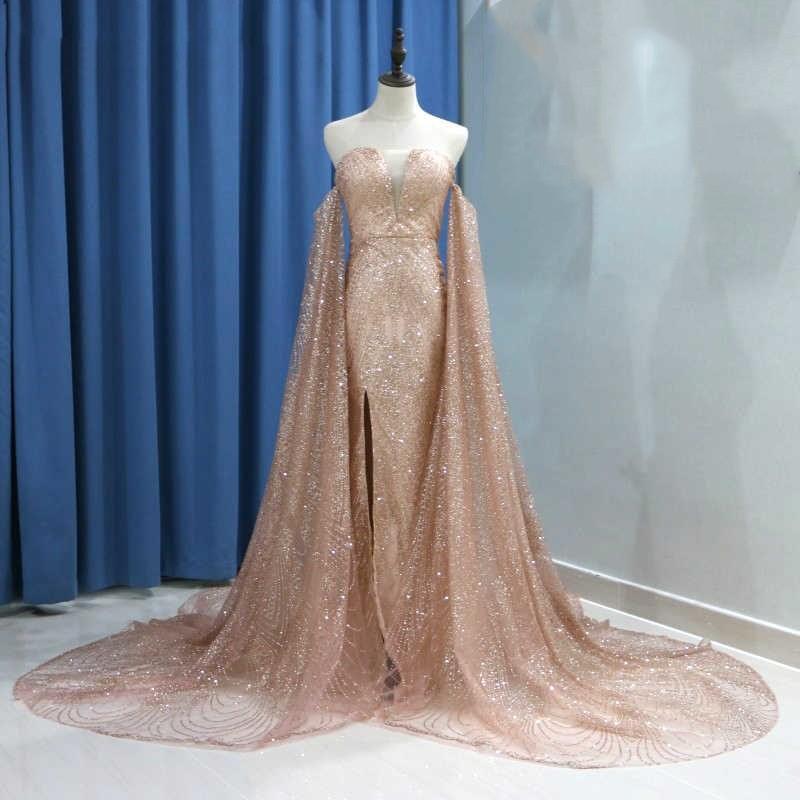 Vestidos de noche sexys de manga larga con lentejuelas doradas divididas y hombros descubiertos para fiesta de graduación 