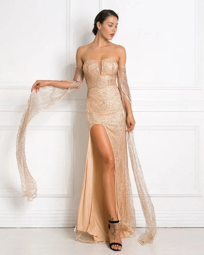 Vestidos de noche sexys de manga larga con lentejuelas doradas divididas y hombros descubiertos para fiesta de graduación 