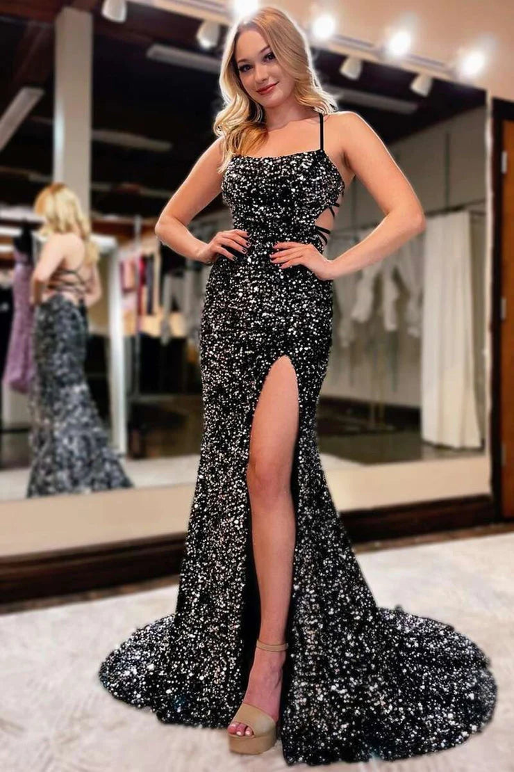 Sexy Mermaid Evening Dresses Spaghetti Straps Sequins Black Lace Up Prom Dresses With Waistline And Slit