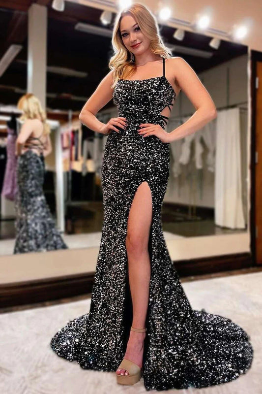 Sexy Mermaid Evening Dresses Spaghetti Straps Sequins Black Lace Up Prom Dresses With Waistline And Slit