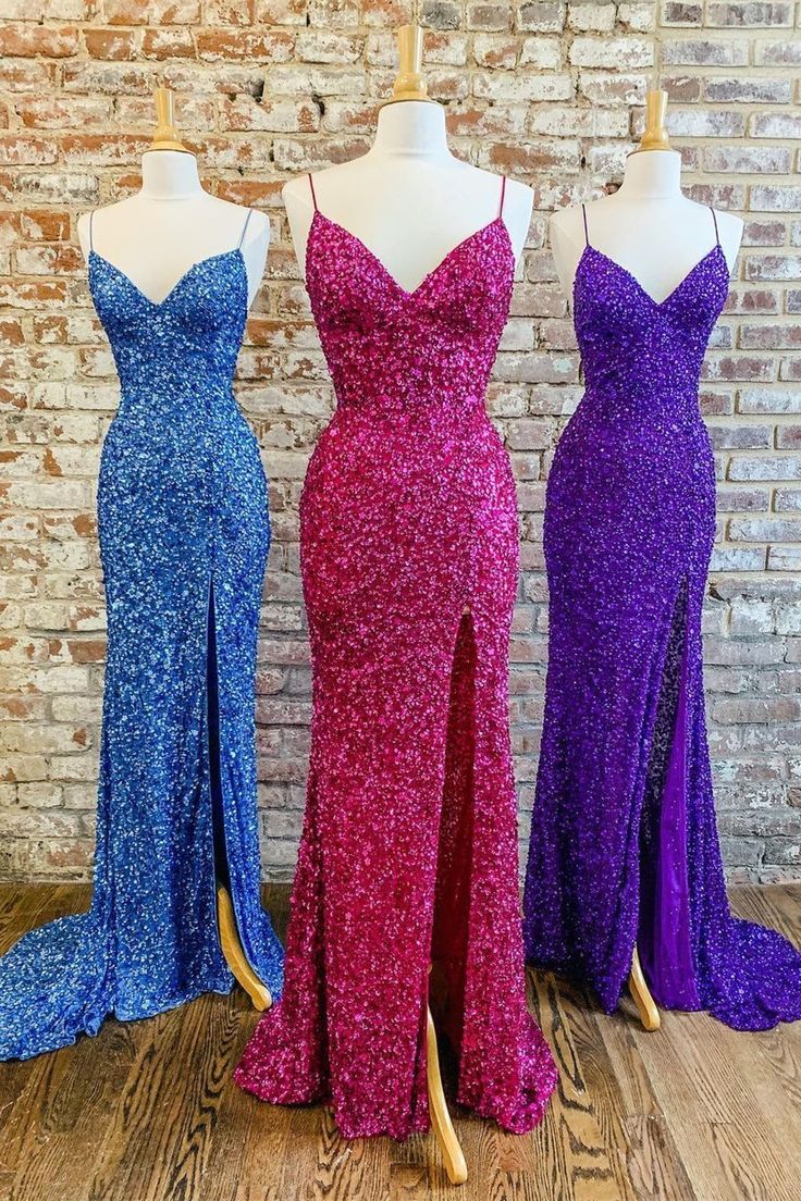 Mermaid Purple Spaghetti Straps Sequins Long Evening Dress Backless Prom Dresses
