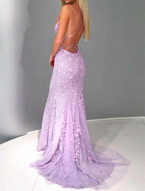 Vestidos de noche de fiesta de sirena con tirantes finos, tul lila, encaje y apliques 