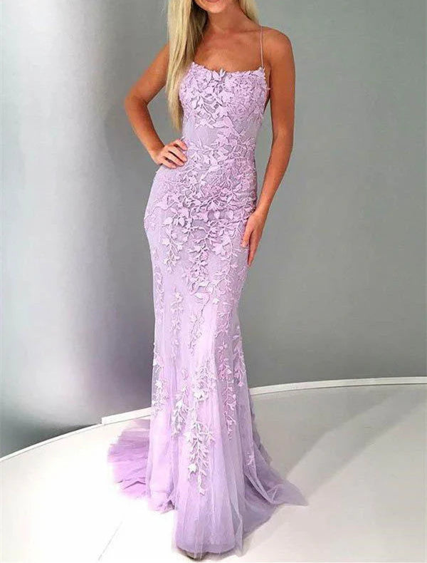 Vestidos de noche de fiesta de sirena con tirantes finos, tul lila, encaje y apliques 