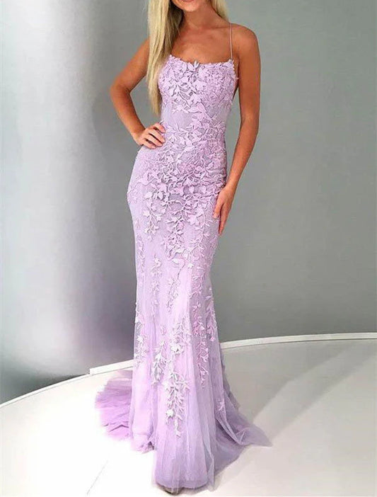 Mermaid Spaghetti Straps Lilac Tulle Lace Prom Evening Dresses with Appliques