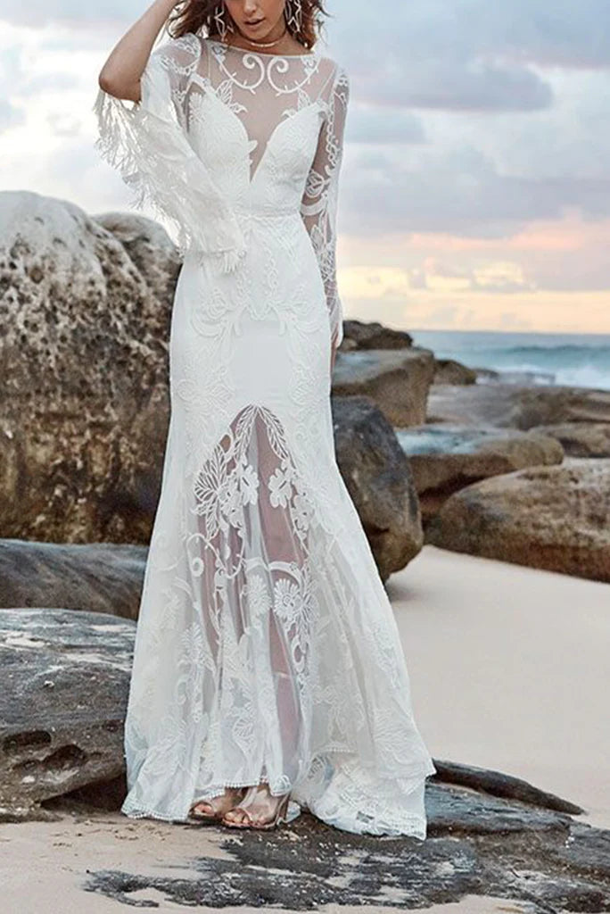 Vestidos de novia de playa de manga larga con corte sirena/trompeta 