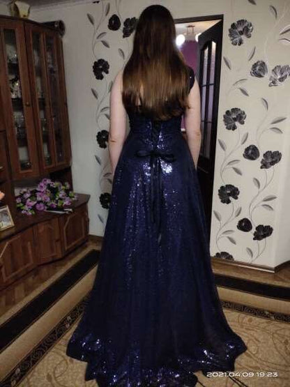 Vestidos de fiesta sexis de un solo hombro, línea A, azul marino, con lentejuelas, económicos, con abertura 