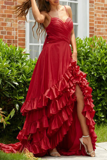 Vestidos de fiesta sexys con espalda abierta, corte A, tirantes finos, satén y volantes en cascada, asimétricos 