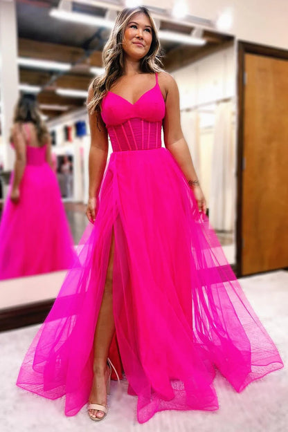 Vestidos de noche de fiesta sexys con espalda abierta y tirantes finos en forma de A de tul con abertura 