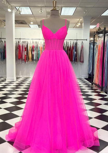 Vestidos de noche de fiesta sexys con espalda abierta y tirantes finos en forma de A de tul con abertura 