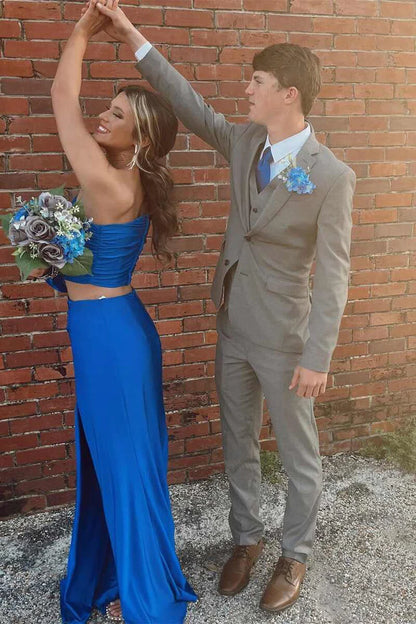 Sexy Satin One Shoulder Two Piece Mermaid Long Sleeves Prom Dresses