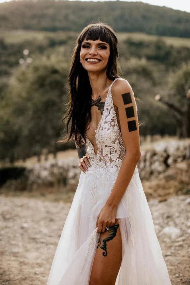 Sexy See Through Thigh Split V Neck Beach Wedding Dresses Beads Tulle Vintage Bride Dress
