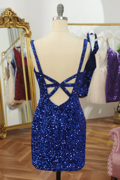 Vestidos de fiesta sexys con lentejuelas y tirantes finos, corte tubo, espalda abierta, cortos/mini 
