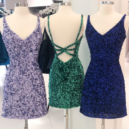 Vestidos de fiesta sexys con lentejuelas y tirantes finos, corte tubo, espalda abierta, cortos/mini 