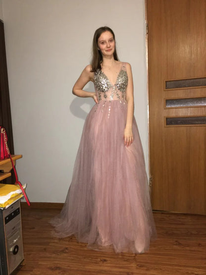 Vestidos de noche largos sin mangas con escote en V, espalda descubierta y tul con aberturas sexys 