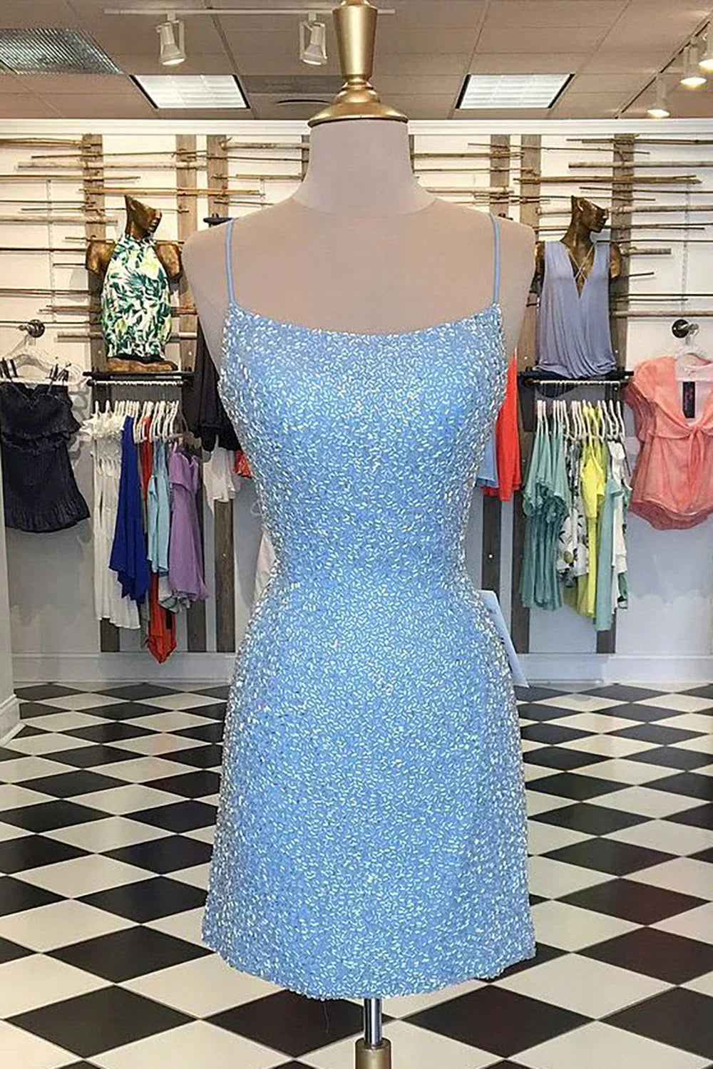 Vestidos de fiesta con tirantes finos, corte tubo, cuentas, escote redondo y cruzado en azul 