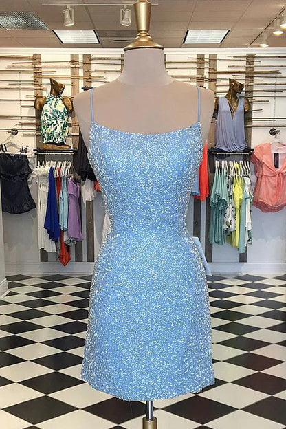 Vestidos de fiesta con tirantes finos, corte tubo, cuentas, escote redondo y cruzado en azul 