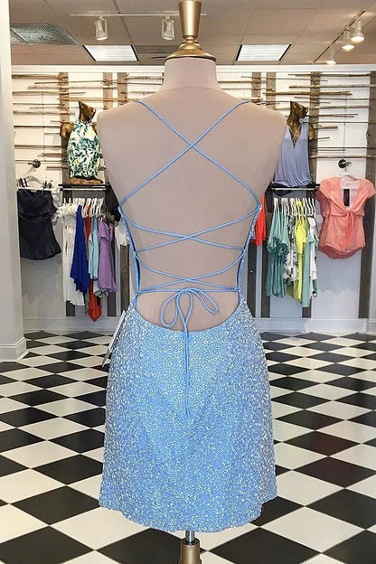 Vestidos de fiesta con tirantes finos, corte tubo, cuentas, escote redondo y cruzado en azul 