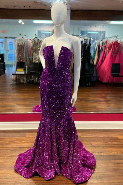 Vestido de fiesta sexy de sirena sin tirantes con lentejuelas 