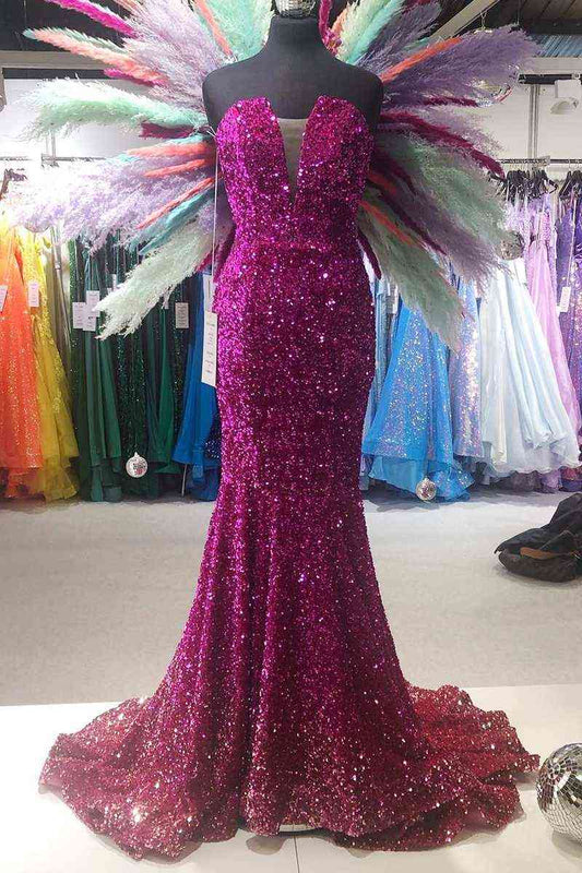 Vestido de fiesta sexy de sirena sin tirantes con lentejuelas 