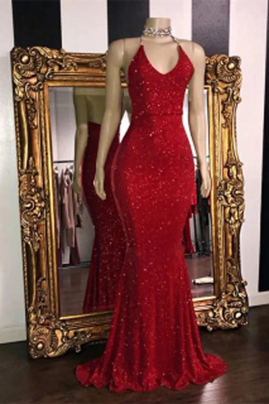 Vestidos de fiesta con escote en V, lentejuelas rojas y brillantes, corte sirena, cuello halter, espalda descubierta 